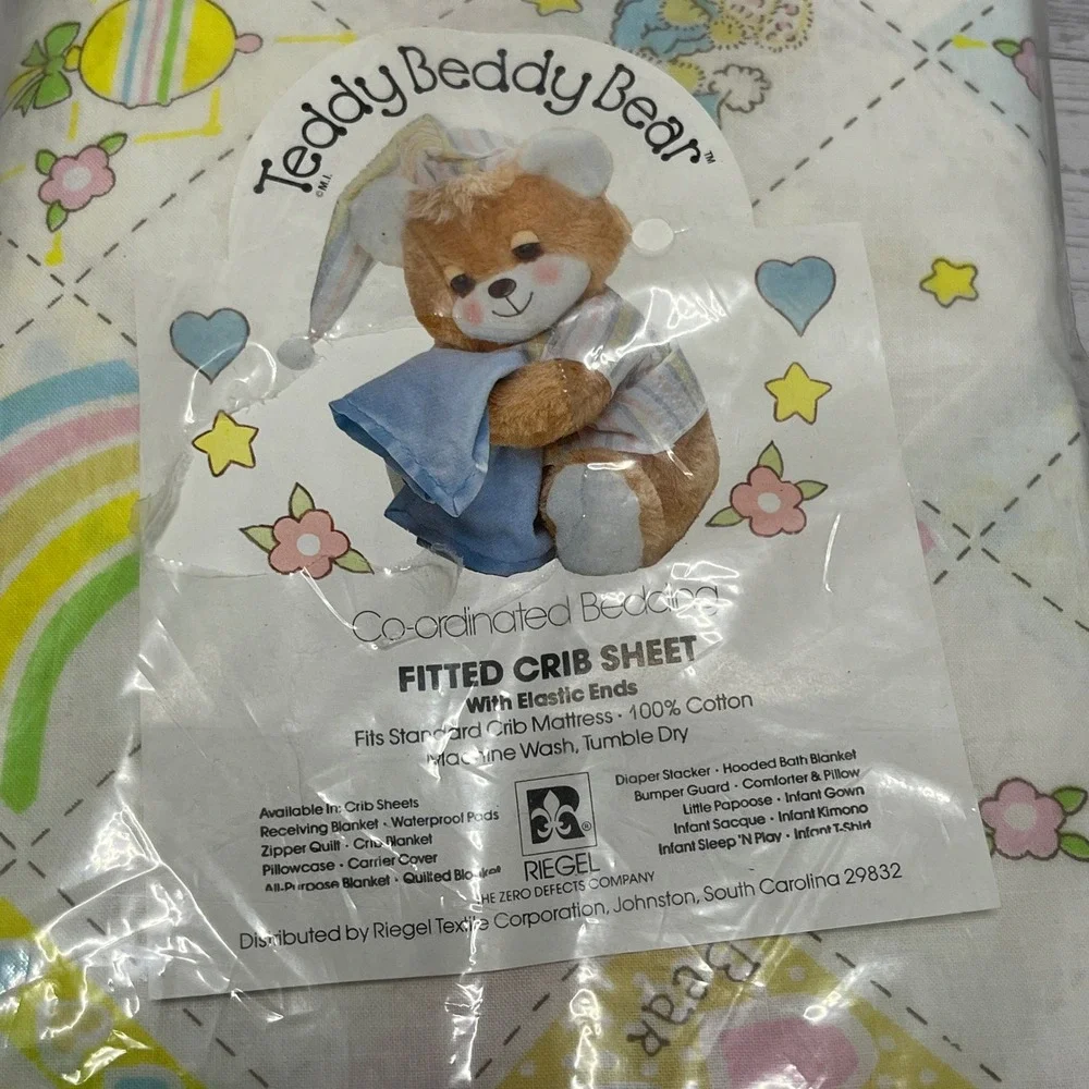 Teddy Beddy Bear Vintage Fitted Crib Sheet 100% Cotton Pastel Rainbow 80s Riegel